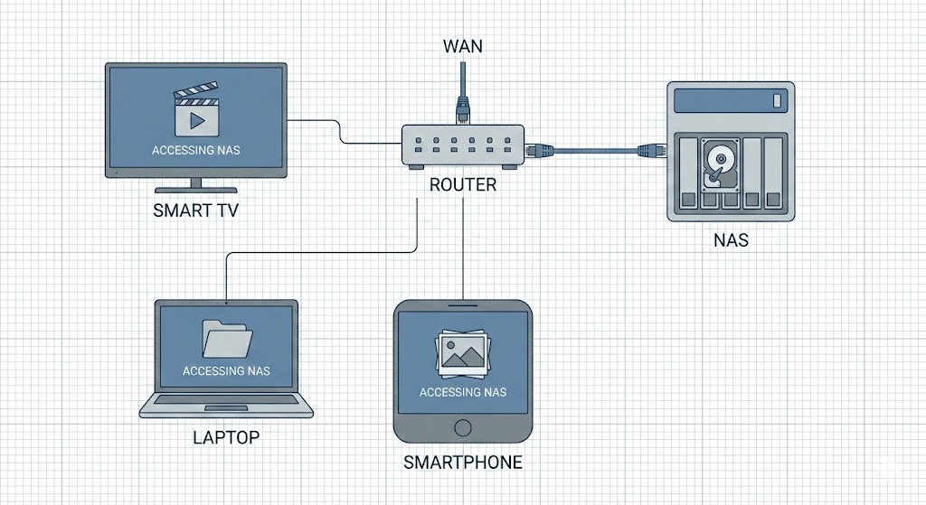 Comprendre comment un NAS se connecte à votre routeur et à vos appareils vous aide à visualiser l&rsquo;accessibilité à l&rsquo;échelle du réseau qui le rend différent d&rsquo;un simple disque dur externe.